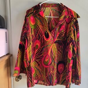 Vintage Handmade Vibrant Multicolor Peacock Feather Print Top